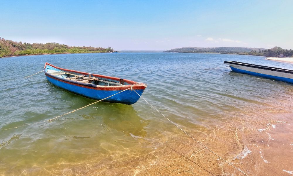 Two small boats (manual ones) with blue and red and white strips are anchored near a beach. In the far horizon you can see the outline of some hills and trees. 