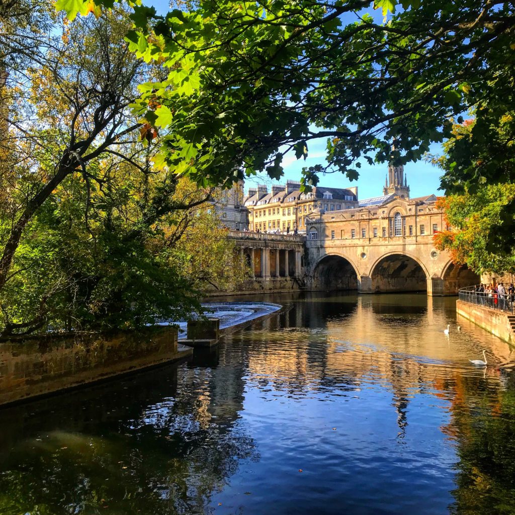 A scene from the city of Bath - the river, the bridge, the tower, the beautiful foliage - you can also see the ornate windows and swans in the water