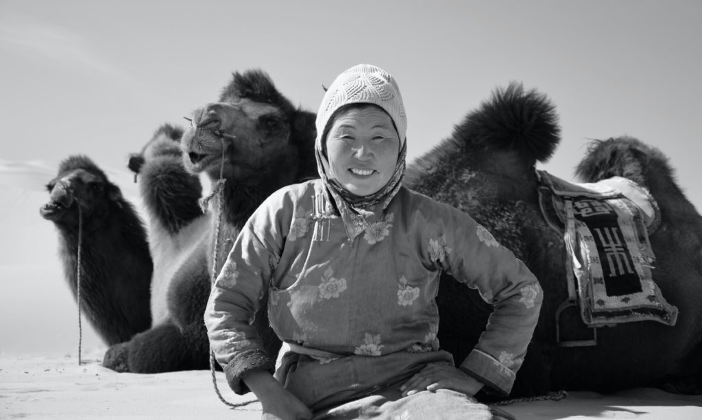 A Mongolian woman with a beautiful smile stands in front of the camels - who have such striking humps.