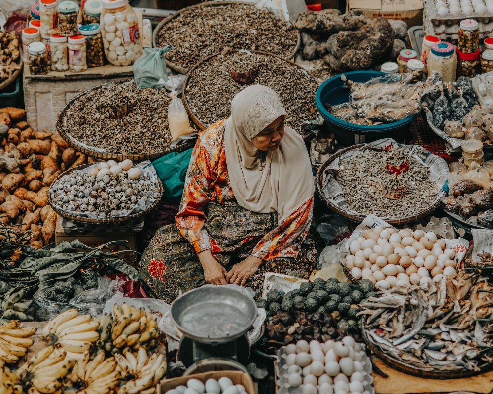 A woman with a headscarf sits surrounded by baskets full of produce - eggs, dried fish, root vegetables. She seems to be in a market where local people would buy things to eat.