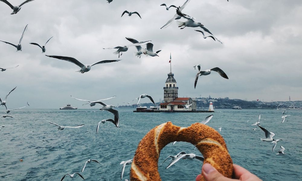 A person holds a Simit (a bite of it is eaten) and you can see Istanbul's seascape and seagulls in the background