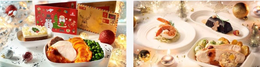 An Christmas envelope, a roast meal, a sweet - second has prawns and roast meal and a sweet dish