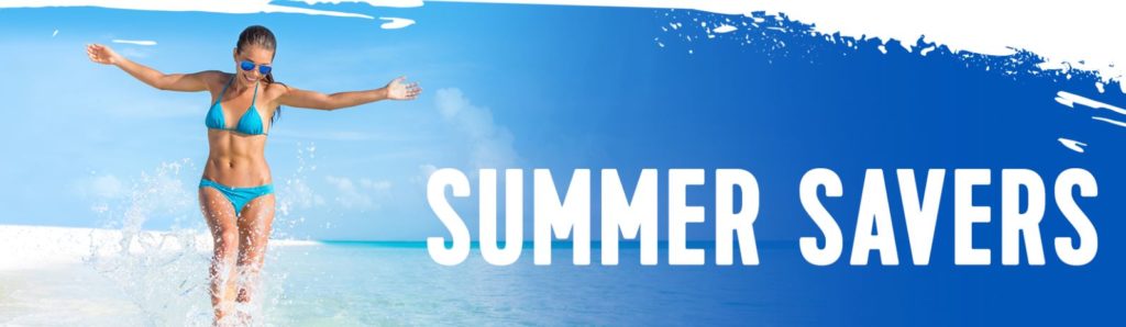 A summer savers poster from Sunway holidays and it shows a woman in a blue bikini and clear blue waters of a beach