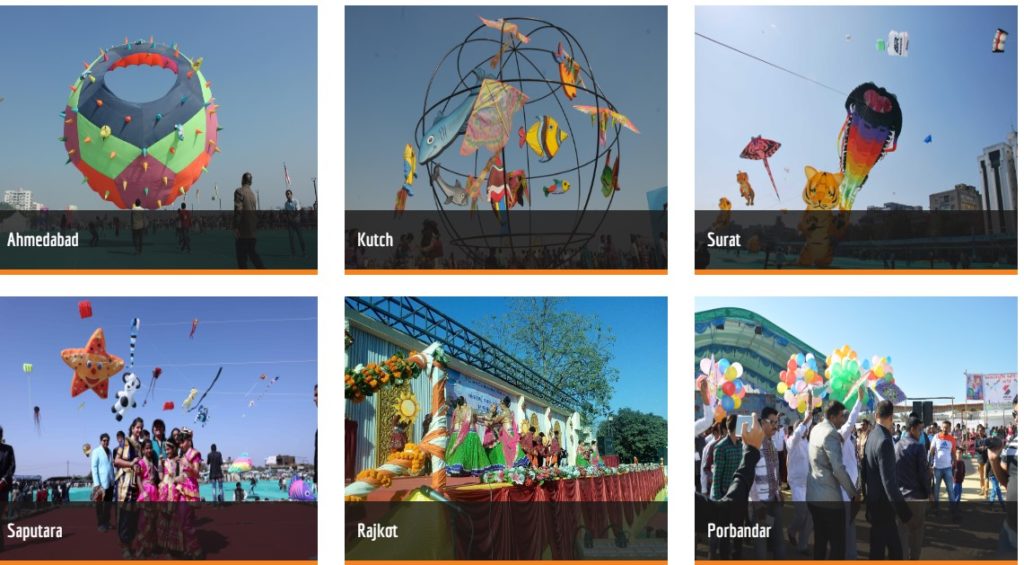 Shows the kite flying festival in different cities in Gujarat - you see kites, people, colour and dances