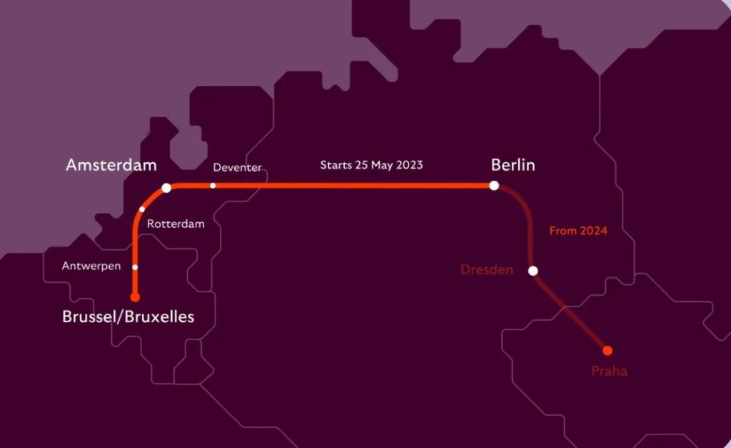A map showing how the sleeper train links the cities in Europe 