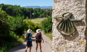A slight long shot of a man and woman holding - their backs on the Camino way - a representative shot for you will not walk alone though you are going solo