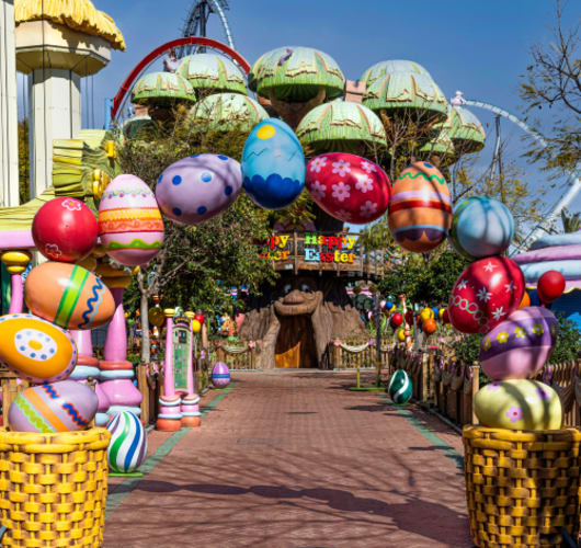 Easter eggs décor at entrance to the theme park