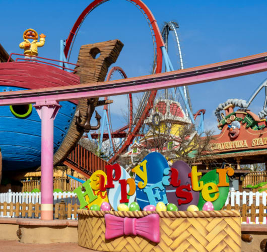 A ride in PortAventura Park Spain with Easter decorations